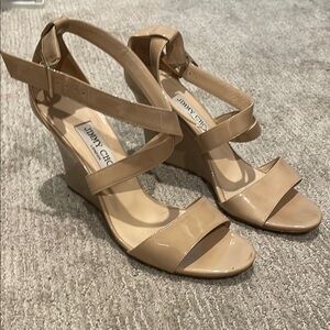 Jimmy Choo Nude Patent Wedge Sandals